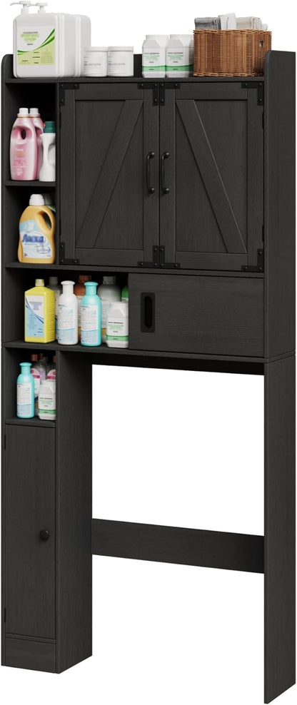 ChooChoo Over The Toilet Storage Cabinet, Farmhouse Bathroom Shelf Over Toilet with Adjustable Shelves, Above Toilet Storage Cabinet with Sliding Door for Bathroom, Laundry Room, Black