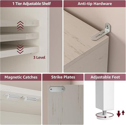 Over The Toilet Storage Cabinet - Bathroom Shelves Above Toilet Freestanding Organizer Shelf with Doors Narrow Floor Stand Rack Farmhouse Wood 71" Tall, Distressed White