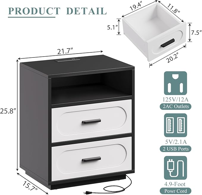 Nightstand with Charging Station, 21.7" Wide Bedside Table with 2 Storage Drawers & Open Shelf, Mid Century Modern Wood End Table for Bedroom, Living Room, Black/White