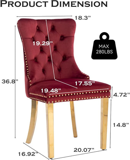 Velvet Upholstered Dining Chairs Set of 6, Modern Style Kitchen Side Chairs with Nailhead Trim and Gold Plated Leg, Metal Pulling Ring for Dining Room Living Room(Wine Red-Gold Plated Leg)