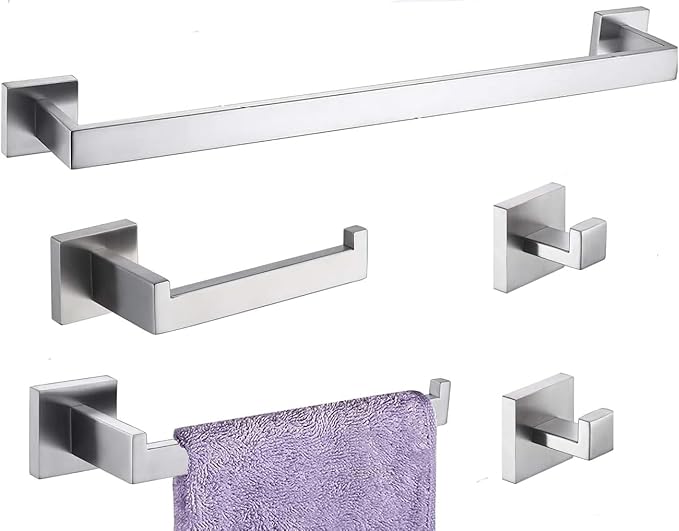 Bathroom Hardware Set Bathroom Accessories Set SUS304 Towel Bar Set Includes Towel Bar Inch+Towel Holder+Toilet Paper Holder+Towel Hook (5, Brush Nickel)