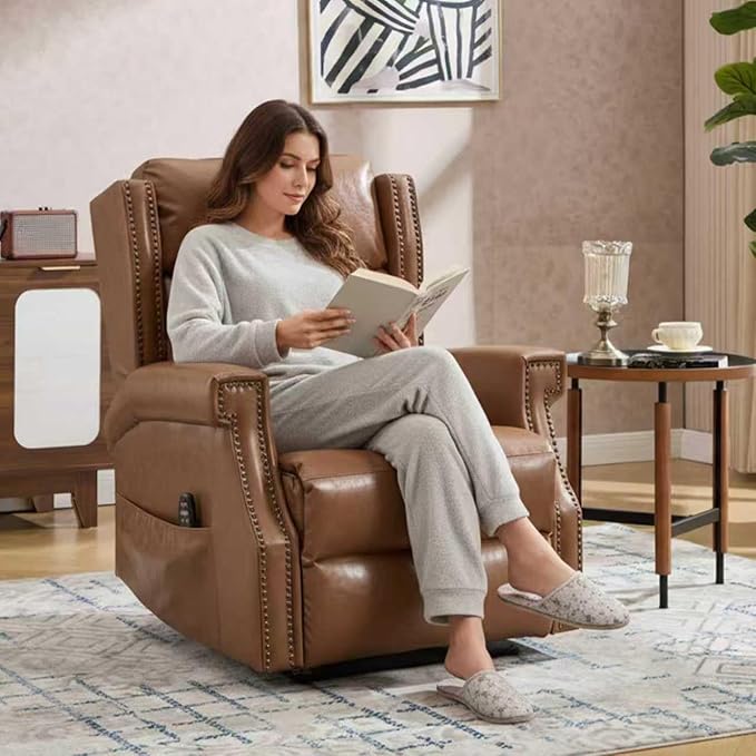 Manual Recliner Chair with Massage & Lumbar Heat, Breathable Leather Reclining Chair for Adults, Humanized Design Easy to Install Living Room Recliners Camel Brown