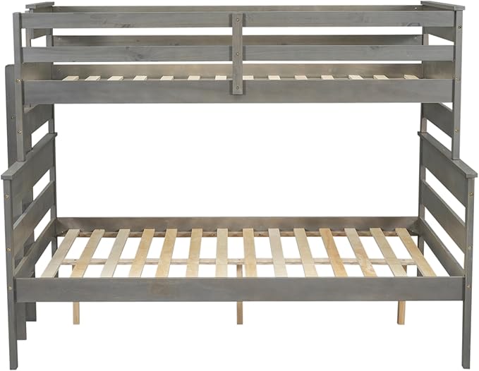 Solid Wood Twin XL Over Queen Bunk Bed with Ladder and Slat Support,Bedroom Detachable Bed Frame w/Easy Assembly & No Box Spring Required,for Kid Adult Boy Girl Teen,Gray