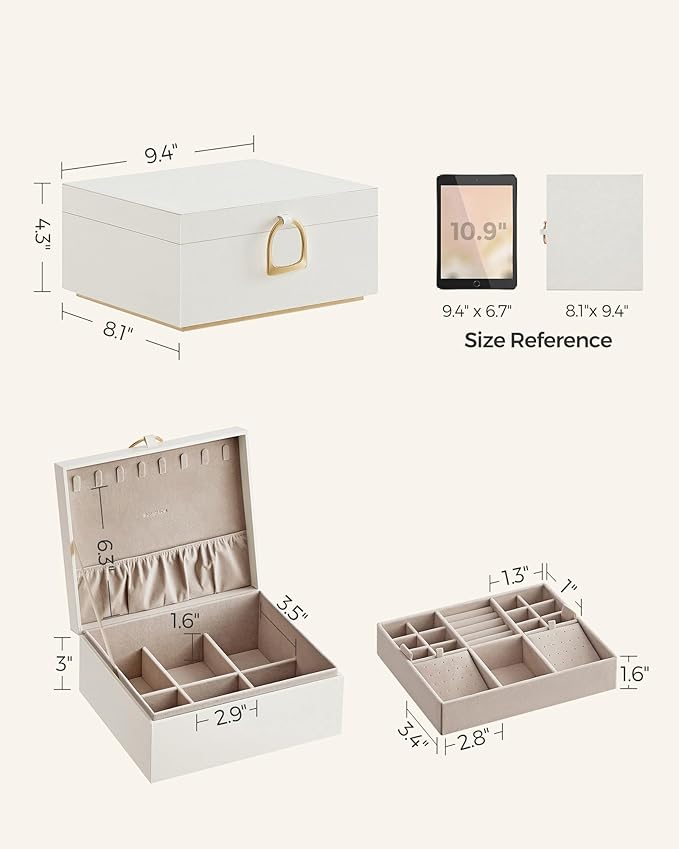 SONGMICS 2-Layer Jewelry Box, Jewelry Organizer with Handle, Removable Jewelry Tray, Jewelry Storage, Floating Effect, 8.1 x 9.4 x 4.3 Inches, Christmas Gift, White UJBC165W01