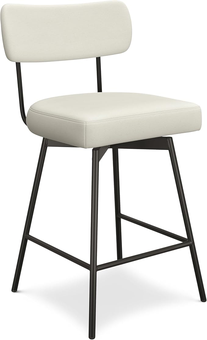 SIMPLIHOME Giselle Counter Stools (Set of 2) - 24 Inch Seat Height Swivel Upholstered Metal Kitchen Stools in Natural Polyester Linen, Contemporary Modern Seating with Padded Seat and Backrest