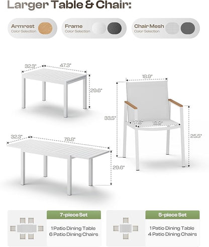 Expandable Outdoor Patio Dining Table Set for 6-8 Person, Aluminum Outdoor Table and 6 Chairs with Textilene Fabric & HDPS Armrest, All-Weather Patio Furniture Set for Yard, Garden, White