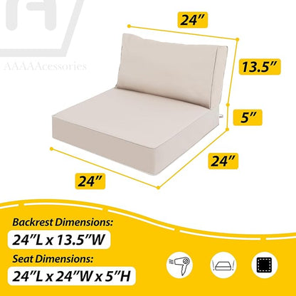 AAAAAcessories Outdoor Deep Seat Cushions, Waterproof, Fade-Resistant Patio Furniture Replacement Cushions, 24" x 24" x 5" + 24" x 13.5", Khaki Beige