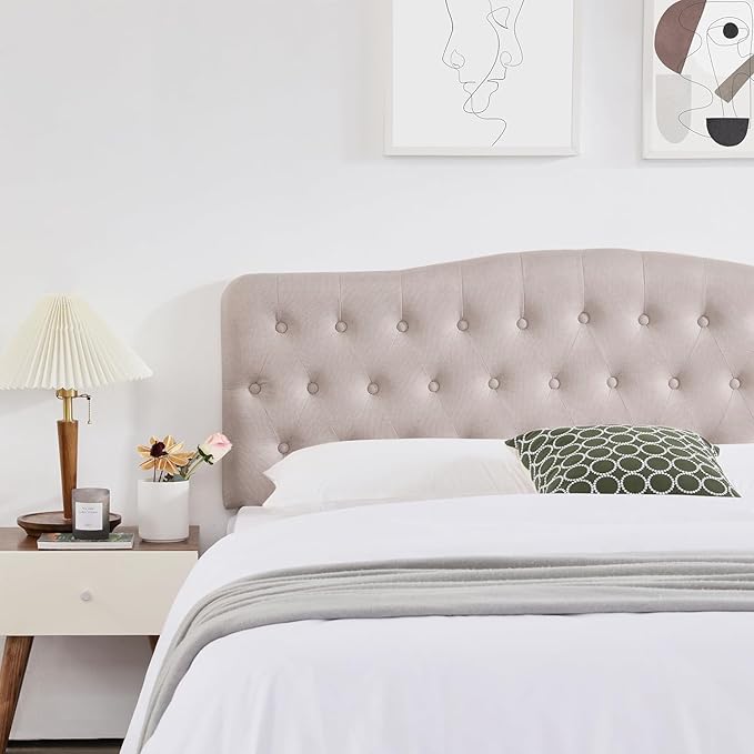 Upholstered Queen Headboard, Button Diamond Tufted Headboard with Adjustable Height and Solid Wood Leg, Linen Fabric Padded Headboards for Queen Size Bed, Mordern Head Board, Beige