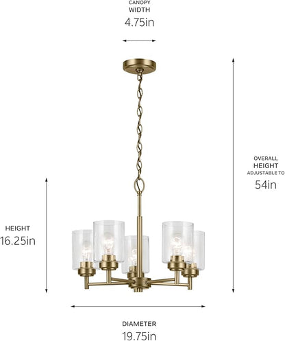 KICHLER Winslow 16.25" 5-Light Chandelier with Clear Seeded Glass in Natural Brass for Kitchen or Dining Area, Luxe Industrial (16.25" x 19.75"), 44030NBR