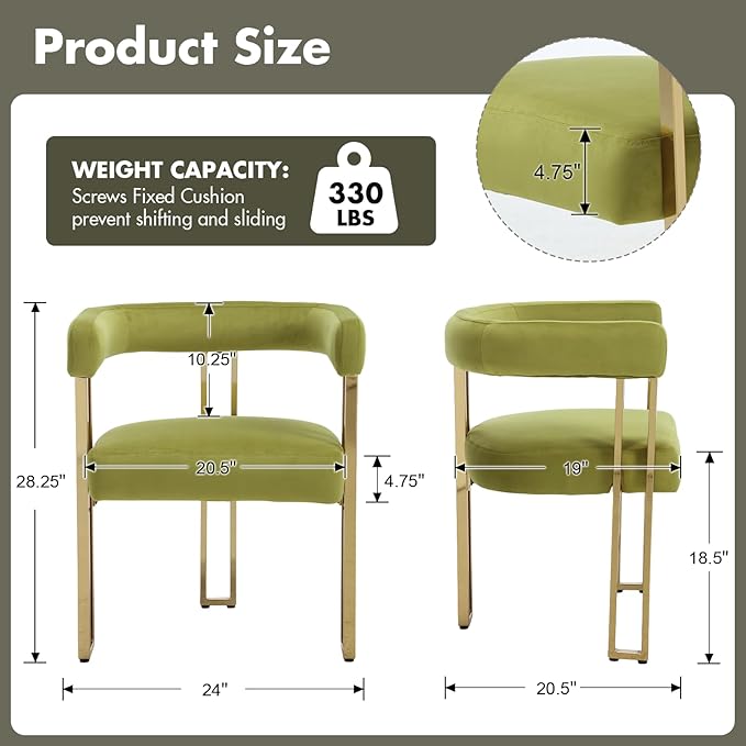 Green and Gold Modern Dining Chairs Set of 6, Velvet Upholstered Barrel Armchairs with Metal Legs for Kitchen Island, Mid Century Accent Chairs for Dining Room Living Room, Open-Back