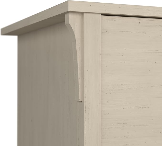 Bush Furniture Distressed Finish Options Include a Cream Colored Antique White, Pure White with Shiplap Gray, Cape Cod Gray, Vintage Black, Ash Brown, Reclaimed Pine and Driftwood Gray