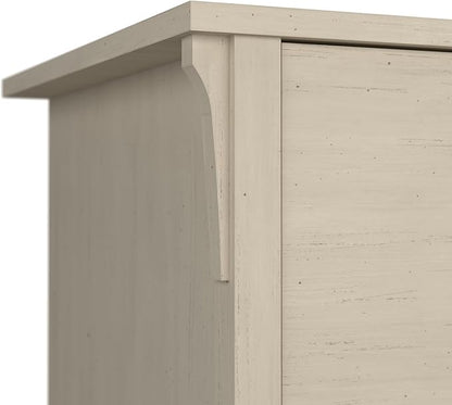 Bush Furniture Distressed Finish Options Include a Cream Colored Antique White, Pure White with Shiplap Gray, Cape Cod Gray, Vintage Black, Ash Brown, Reclaimed Pine and Driftwood Gray