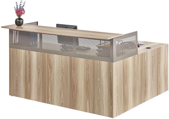 NBF Reversible L-Shaped Executive Office Desk - Durable Laminate Computer Desk with Privacy Hutch - Modern Desk with Storage and File Cabinet - Office Work Desk (Brown) - 65.76"D x 74.25"W x 41.85"H