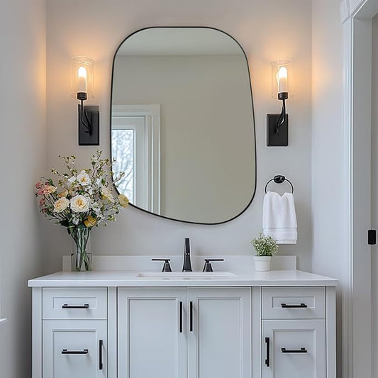 ANDY STAR 22"x30" Black Bathroom Mirror, Irregular Wall Mirror in Stainless Steel Metal Frame, Modern Matte Black Finish with Curved Edge Design, Wall-Mount Vertically or Horizontally