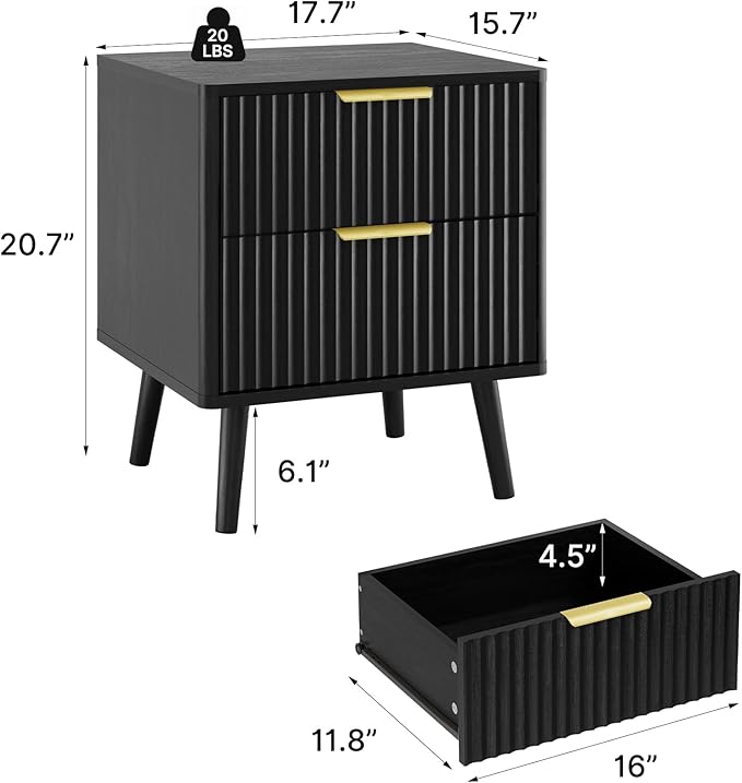 LYNSOM Fluted Dresser and Nightstand Sets 3 Piece, 5-Drawers Dresser and 2-Drawer Nightstands Set of 2, Wood Bedroom Furniture Set for Home, Bedroom, Hallway, Black