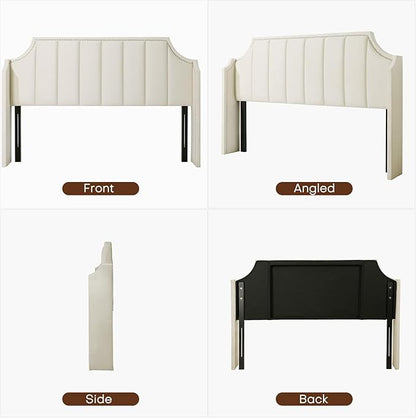 Lucky Monet Luxurious Headboard Only Queen Size with Wingback, Velvet Upholstered Tufted Headboard with Nailhead Decor for Bed, Adjustable Height Curved Head Board Vertical Channel Design (Cream)
