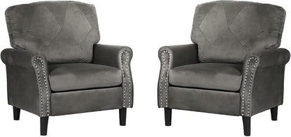 Accent Chairs for Living Room, Set of 2 Mid-Century Modern Upholstered Armchairs, Comfy Velvet Chair w/Wood Legs & Nailhead Trim, Wingback Chair for Bedroom, Grey