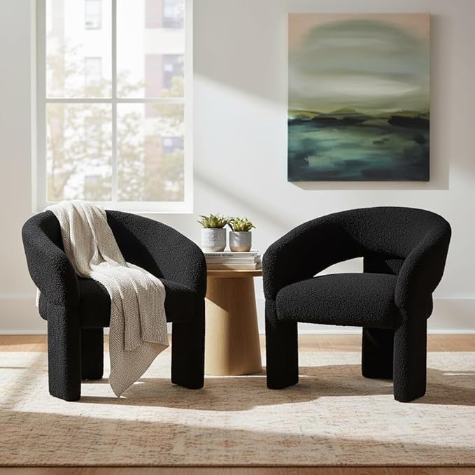 LukeAlon Mid Century Modern Sherpa Accent Chairs Set of 2 – Round Barrel Back Armchairs, Comfy Upholstered Lounge Chairs for Living Room, Bedroom, Office, Waiting Rooms, Black