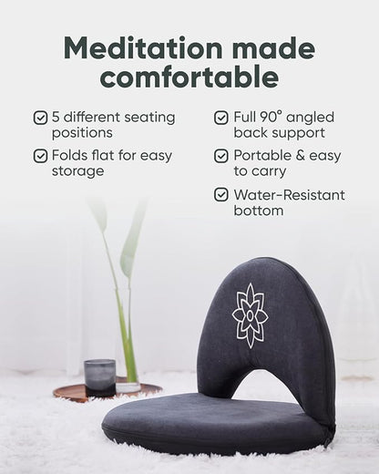 Mindful Modern Meditation Chair | Adjustable Floor Chair with Back Support | Padded Floor Seat for Posture Support and Comfort | Portable Folds Flat for Storage | Indoor/Outdoor Use | Stone Black