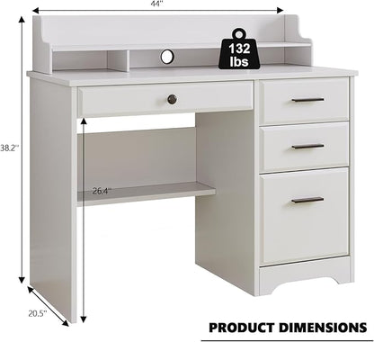 4 EVER WINNER White Desk with Drawers, Small Desk with File Drawer for Small Spaces, Writing Desk with Monitor Stand Wood Table for Study Home Office, White