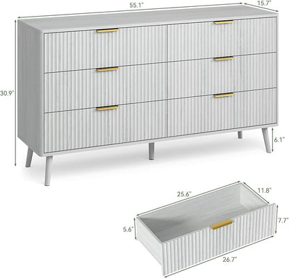 LYNSOM Fluted Dresser and Nightstand Set, 3 Pieces Bedroom Set, 55 Inch Wide 6-Drawer Dresser & 2-Drawer Nightstands Set of 2, Modern Dressers Set for Bedroom, Hallway, White