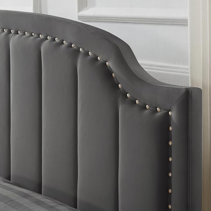 24KF Velvet Fabric Upholstered King/California King Headboard with Nail Trims, Modern Vertical Channel Design with Curved King Headboard, 6052-K-Dark Gray