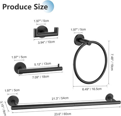 TNOMS 5 Pieces Towel Bar Set Matte Black Bathroom Hardware Accessories Set Stainless Steel Towel Racks Set for Bathroom,Wall Mounted 23.6 Inch Bathroom Hardware Set