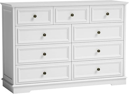 9 Drawer Dressers for Bedroom, 51" Wide Wood Chest of Drawers, Farmhouse Bedroom Dressers with Drawers, Modern Dresser TV Stand, Retro Design, for Living Room, Dressing Room, Hallway, White