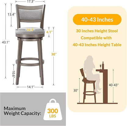 PrimeZone Swivel Bar Stools Set of 8, 30 Inch Bar Height Barstools, High Back Bar Stool with Solid Wood Legs & Wrap-Around Footrest, Counter Stools for Kitchen Island, Pub, Grey