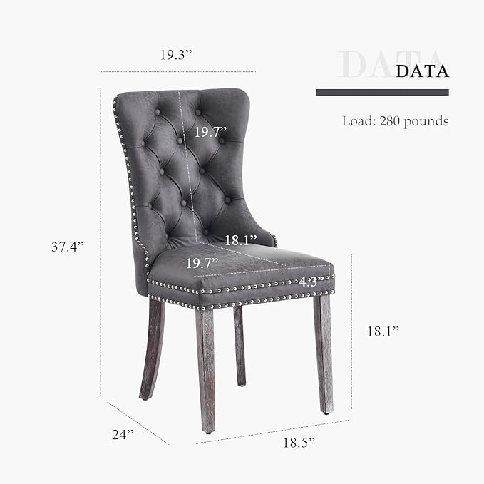 Leather Dining Chair Set of 4, Dining Room Chairs with Nailhead Ring Pull Trim, Upholstered Dining Chairs with Solid Wood Legs for Kitchen Dining Room (Grey)