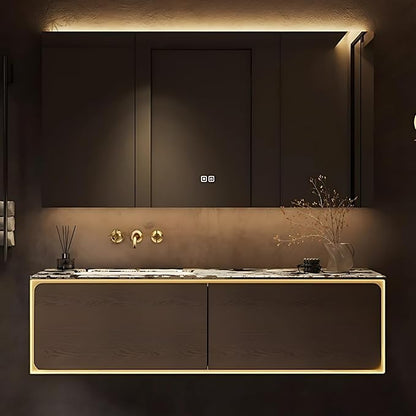 64IN Bathroom Vanity Set with a Single Sink - Embedded Sensor Light Strip & Large Capacity Floating Cabinet | Modern Bathroom Vanities with Defogging Mirror Surface & LED Lighting (Mirror Cabinet)