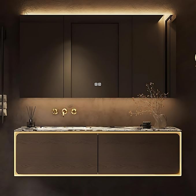 70IN Bathroom Vanity Set with a Single Sink - Embedded Sensor Light Strip & Large Capacity Floating Cabinet | Modern Bathroom Vanities with Defogging Mirror Surface & LED Lighting (Mirror Cabinet)