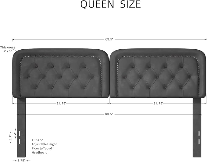 Tufted Upholstered Headboard Queen Size, Button Adjustable Height Queen Head Board Only, Sturdy and Durable Solid Wood with Nailhead Trim Headboards, Ideal for Bedroom, Dorm, Guest Room,Gray