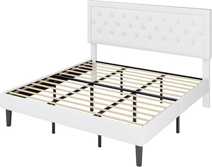 Allewie King Size Velvet Upholstered Bed Frame with Adjustable Headboard, Diamond Tufted Design, Wood Slat Support, Noise-Free EVA Strip, Easy Assembly, White