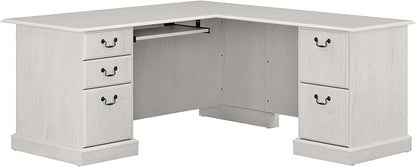 Bush Furniture Saratoga L Shaped Computer Desk with Drawers and Storage in Linen White Oak | Large Corner Office Table for Workspace
