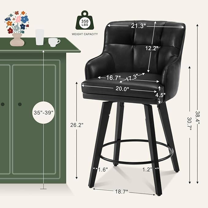 360°Swivel Counter Height Bar Stools with Back, 26 inch Solid Wood Legs, Bar Stool Modern Kitchen Island Chairs, Faux Leather (Black- Faux Leather, 26" H- Set of 2)