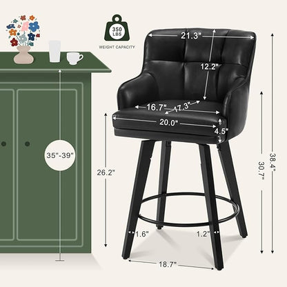 360°Swivel Counter Height Bar Stools with Back, 26 inch Solid Wood Legs, Bar Stool Modern Kitchen Island Chairs, Faux Leather (Black- Faux Leather, 26" H- Set of 3)