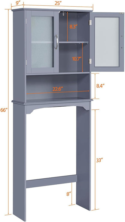 Yaheetech Over The Toilet Storage Cabinet, Free Standing Toilet Rack with Adjustable Shelves and Tempered Glass Doors for Bathroom Washroom, Grey