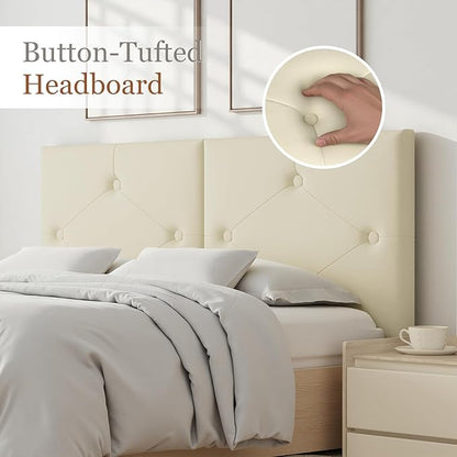 Modern Queen Headboard, Upholstered Faux Leather Bed Headboard with Solid Wood & Sturdy Metal Legs, Tufted Adjustable Height Headboards in Button Design, Beige