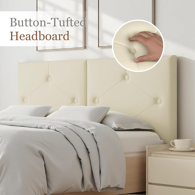 King Size Headboard Only, Faux Leather Headboard with Solid Wood & Sturdy Metal Legs, Adjustable Height Bed Headboards King Tufted Upholstered in Modern Button Design, Beige