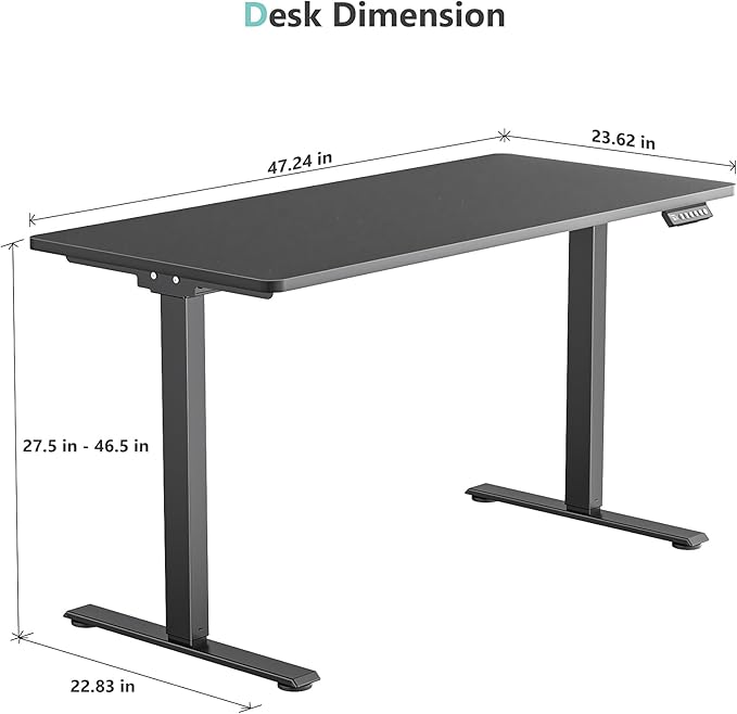 Dual Motor Electric Standing Desk with One Piece Desktop, 48 x 24 Inch Adjustable Height Sit to Stand Up Desk for Home Office, Work & Study, Black Frame & Black Desktop (2 Packages)
