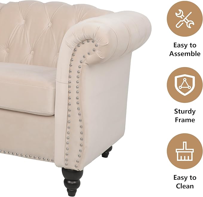 Living Room Velvet Sofa and Loveseat set, Mid Century Modern Upholstered Couch with Cushions, 2-Piece Home Sofa Furniture Sets, Comfy Tufted Chesterfield Couches for Living Room, Bedroom, Office