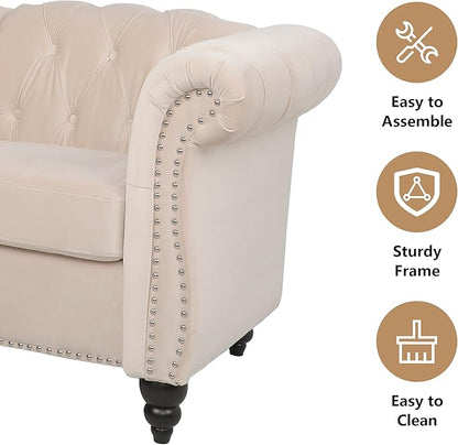 Velvet Sofa Couches Set, 3-Piece Mid Century Modern Upholstered Couch with Cushions, Home Sofa Sectional Furniture Sets, Comfy Tufted Chesterfield Couches for Living Room, Bedroom, Office