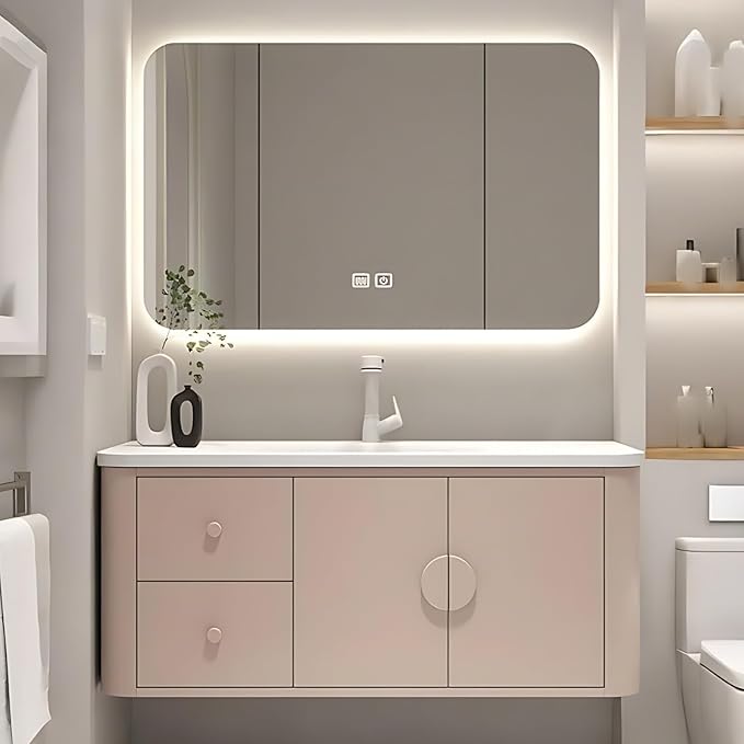 72IN Pink Modern Bathroom Vanity - Bathroom Vanities Set with 2 Drawers Wall Mounted | Rounded Corner Smart Defogging Mirror Cabinet with Lighting & Time Display, Side Opening Storage Shelf (Style A)