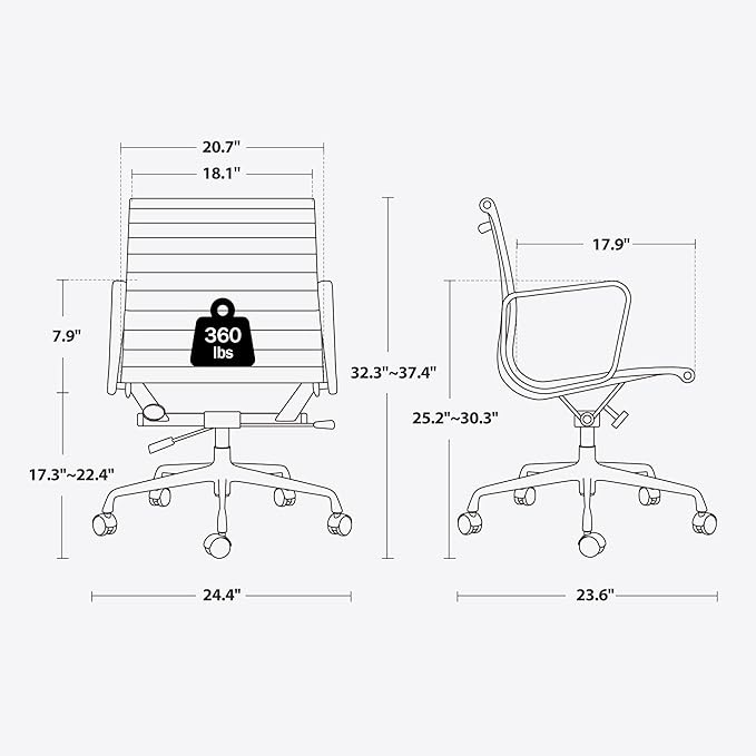 Ribbed Office Chair Top Grain Leather Desk Chair Mid Back Genuine Leather Swivel Chairs with Aluminum Alloy Arms & Base, with Silent Wheels, High Adjustable and Tilting Function,Brown