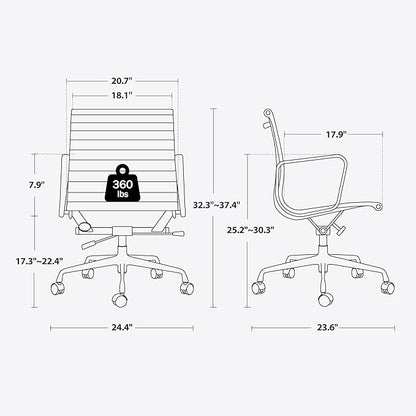 Ribbed Office Chair with Top Grain Leather - Mid Back Ergonomic Desk Chair with Aluminum Arm Rest and 5-Star Base, Swivel Chair Brown