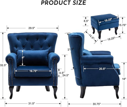Accent Reading Arm Chairs with Ottoman for Living Room Bedroom, Midcentury Modern Comfy Corner Sofa Chair, Wingback Waiting Room Club Chair with Button Tufted Back &Lumbar Pillow, Velvet Blue