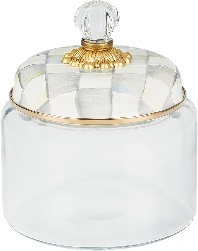 MACKENZIE-CHILDS Sterling Check Kitchen Canister, Decorative Gray-and-White Glass Storage Jar with Lid, Small