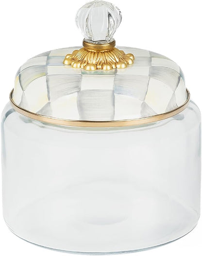 MACKENZIE-CHILDS Sterling Check Kitchen Canister, Decorative Gray-and-White Glass Storage Jar with Lid, Small
