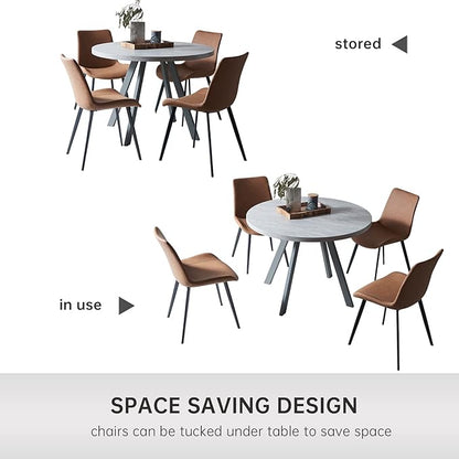 Round Dining Table Set, Mid Century Modern Small Round Dining Table Set, Saving Space (Table + 4 Brown Chairs)
